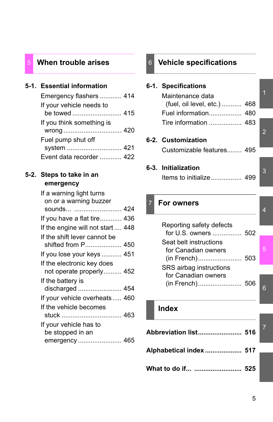 When trouble arises, Vehicle specifications, For owners index | TOYOTA 2011 Corolla User Manual | Page 5 / 524