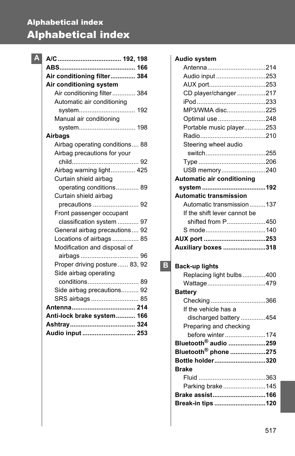 Alphabetical index | TOYOTA 2011 Corolla User Manual | Page 513 / 524