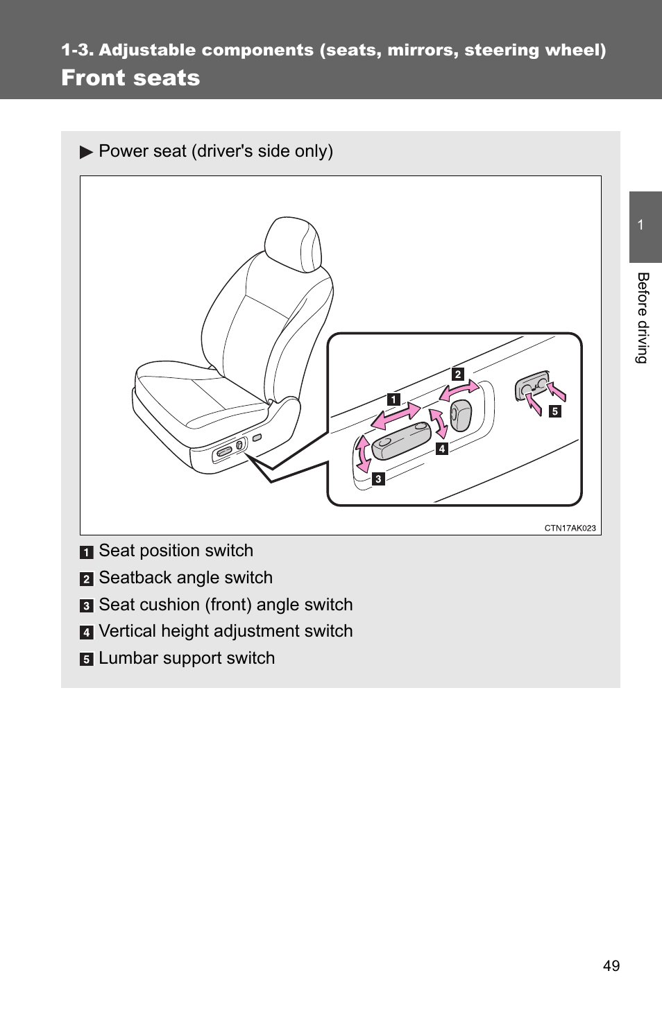 Front seats | TOYOTA 2011 Corolla User Manual | Page 73 / 524