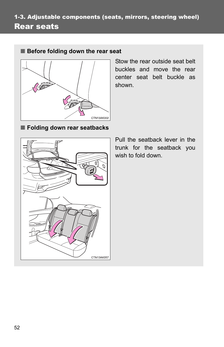 Rear seats | TOYOTA 2011 Corolla User Manual | Page 76 / 524