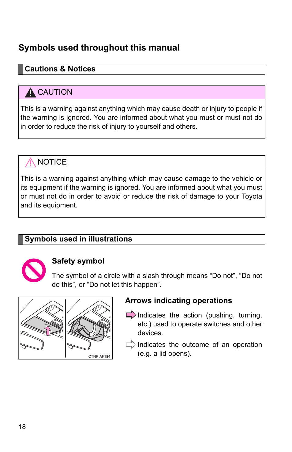 Symbols used throughout this manual | TOYOTA 2011 Corolla User Manual | Page 9 / 524
