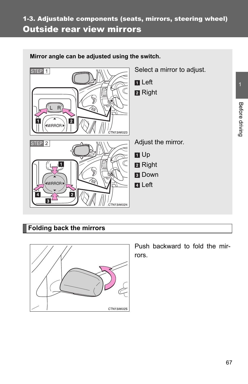 Outside rear view mirrors | TOYOTA 2011 Corolla User Manual | Page 91 / 524