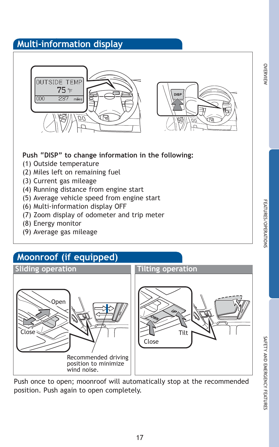 Moonroof (if equipped), Multi-information display, Sliding operation tilting operation | TOYOTA 2011 Camry HV User Manual | Page 11 / 519