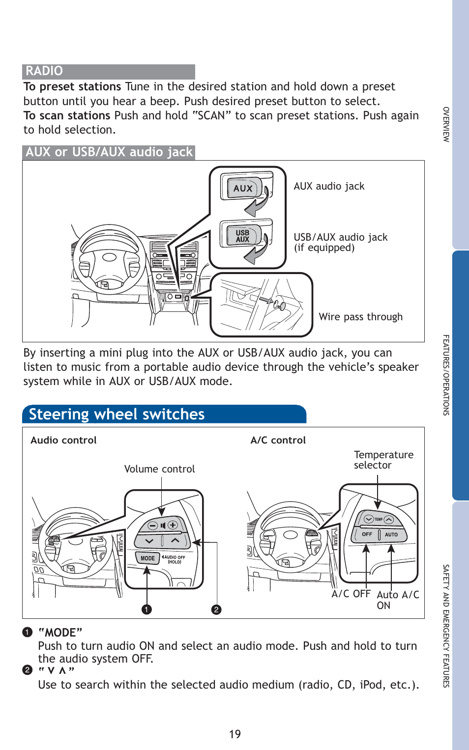 Steering wheel switches, Radio, Aux or usb/aux audio jack | TOYOTA 2011 Camry HV User Manual | Page 13 / 519