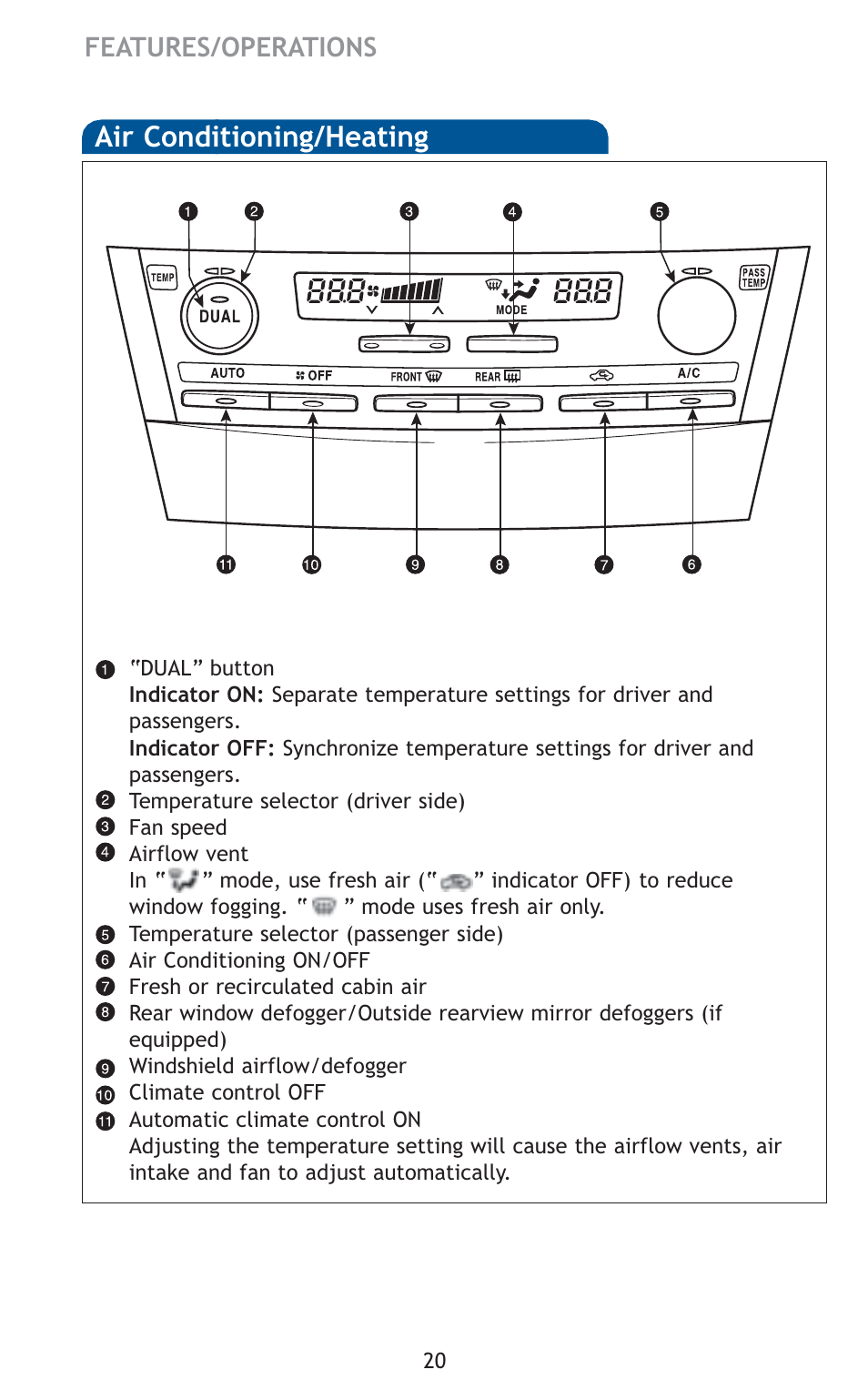 Air conditioning/heating | TOYOTA 2011 Camry HV User Manual | Page 14 / 519