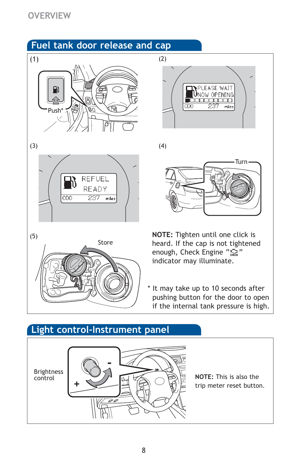 Fuel tank door release and cap, Light control-instrument panel | TOYOTA 2011 Camry HV User Manual | Page 2 / 519