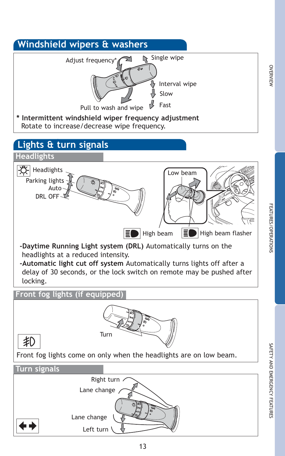 Windshield wipers & washers, Lights & turn signals, Turn signals headlights | Front fog lights (if equipped) | TOYOTA 2011 Camry HV User Manual | Page 7 / 519