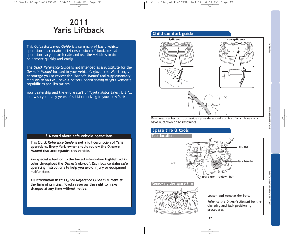 2011 yaris liftback, Spare tire & tools, Child comfort guide | TOYOTA 2011 Yaris Hatchback User Manual | Page 23 / 428