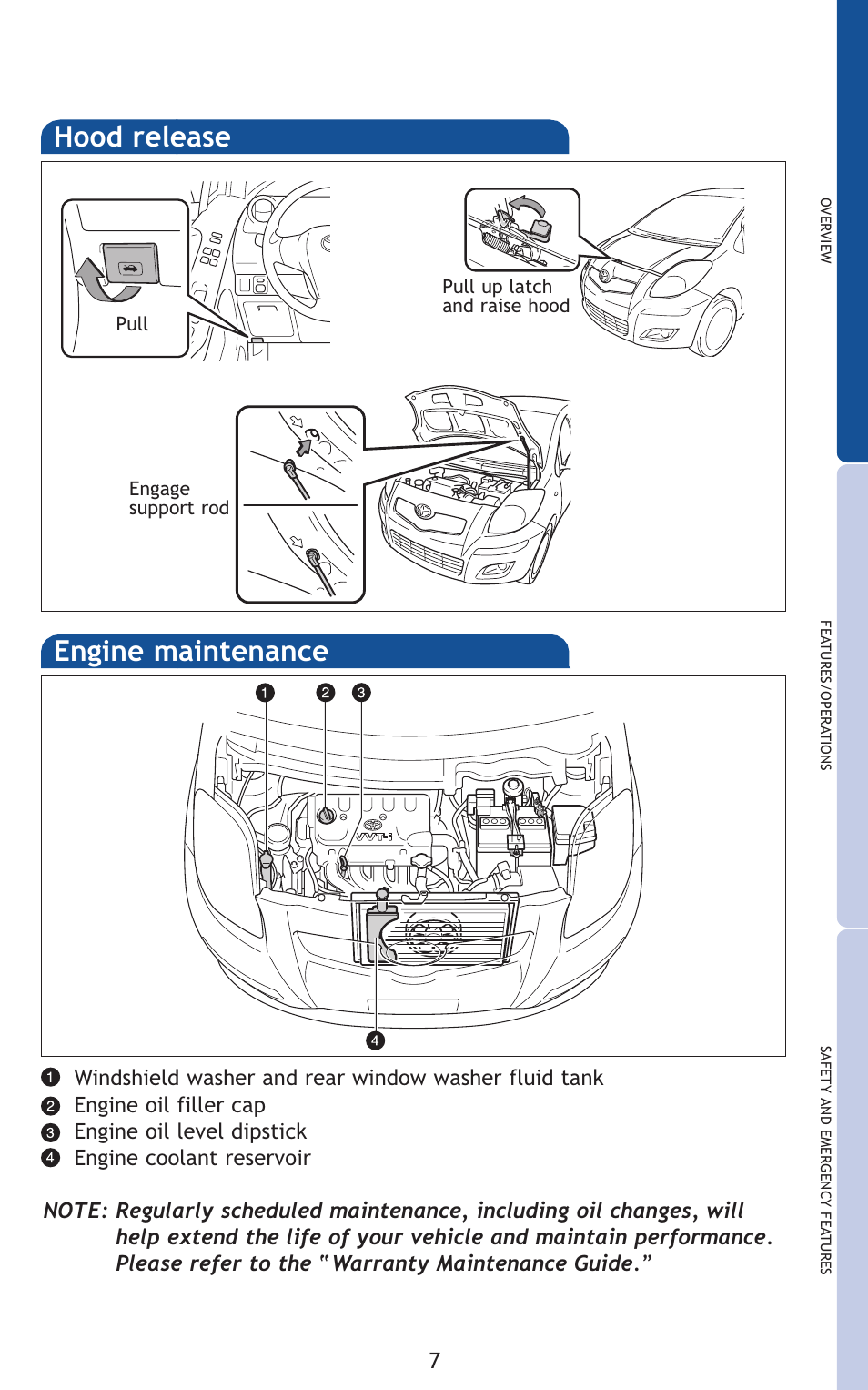 Hood release engine maintenance | TOYOTA 2011 Yaris Hatchback User Manual | Page 30 / 428