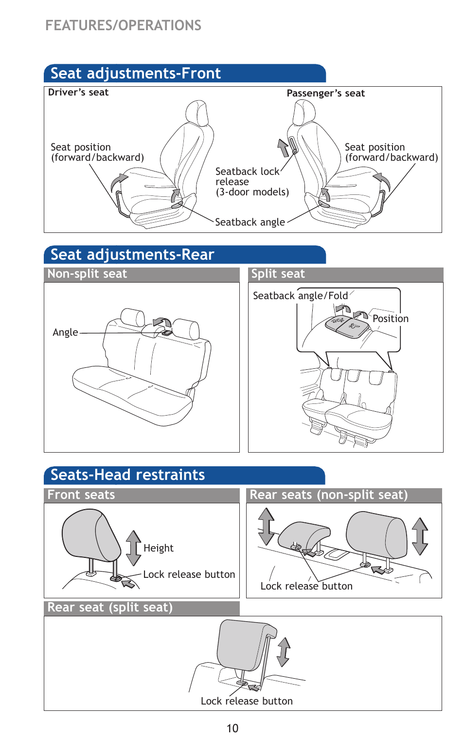 Seat adjustments-front seat adjustments-rear, Seats-head restraints, Features/operations | TOYOTA 2011 Yaris Hatchback User Manual | Page 33 / 428
