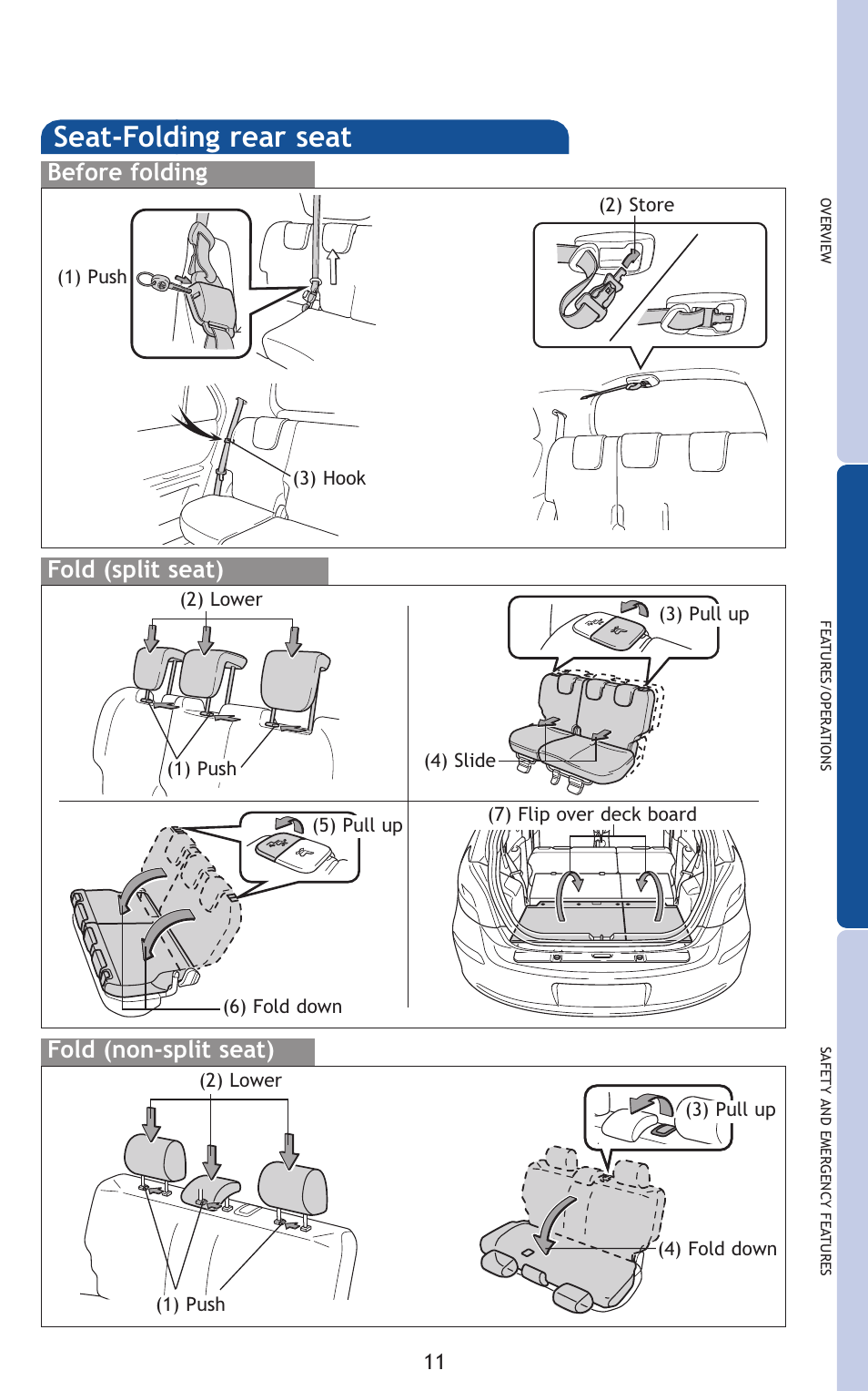 Seat-folding rear seat, Before folding, Fold (split seat) | Fold (non-split seat) | TOYOTA 2011 Yaris Hatchback User Manual | Page 34 / 428