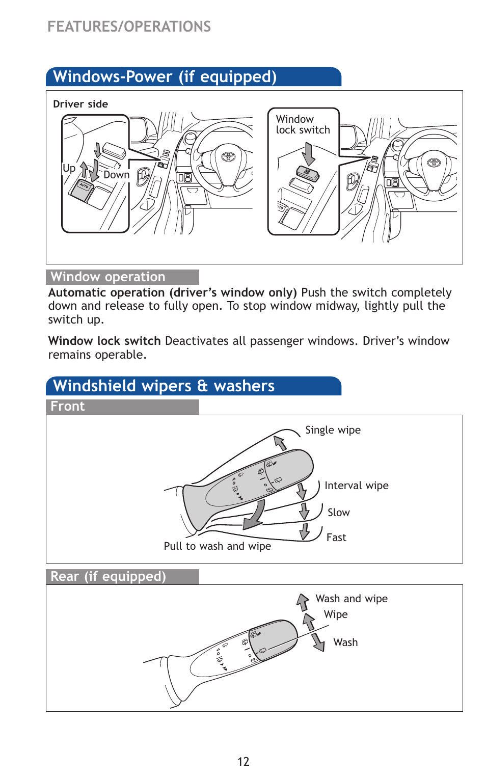 Windows-power (if equipped), Windshield wipers & washers, Air cru | Features/operations | TOYOTA 2011 Yaris Hatchback User Manual | Page 35 / 428