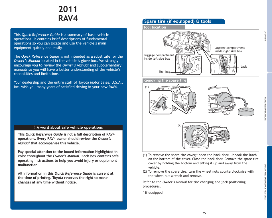 Spare tire (if equipped) & tools | TOYOTA 2011 Rav4 User Manual | Page 22 / 554