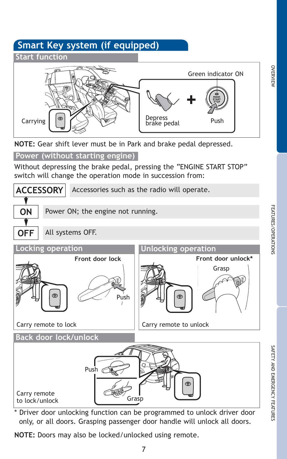 Smart key system (if equipped), Accessory on off, Start function | Power (without starting engine) | TOYOTA 2011 Rav4 User Manual | Page 29 / 554