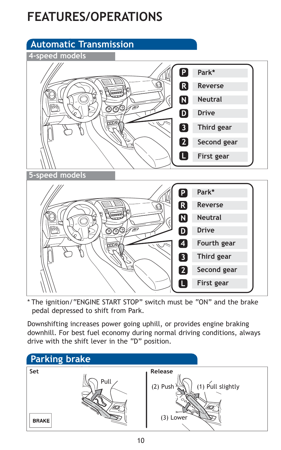 Features/operations, Automatic transmission, Parking brake | TOYOTA 2011 Rav4 User Manual | Page 32 / 554