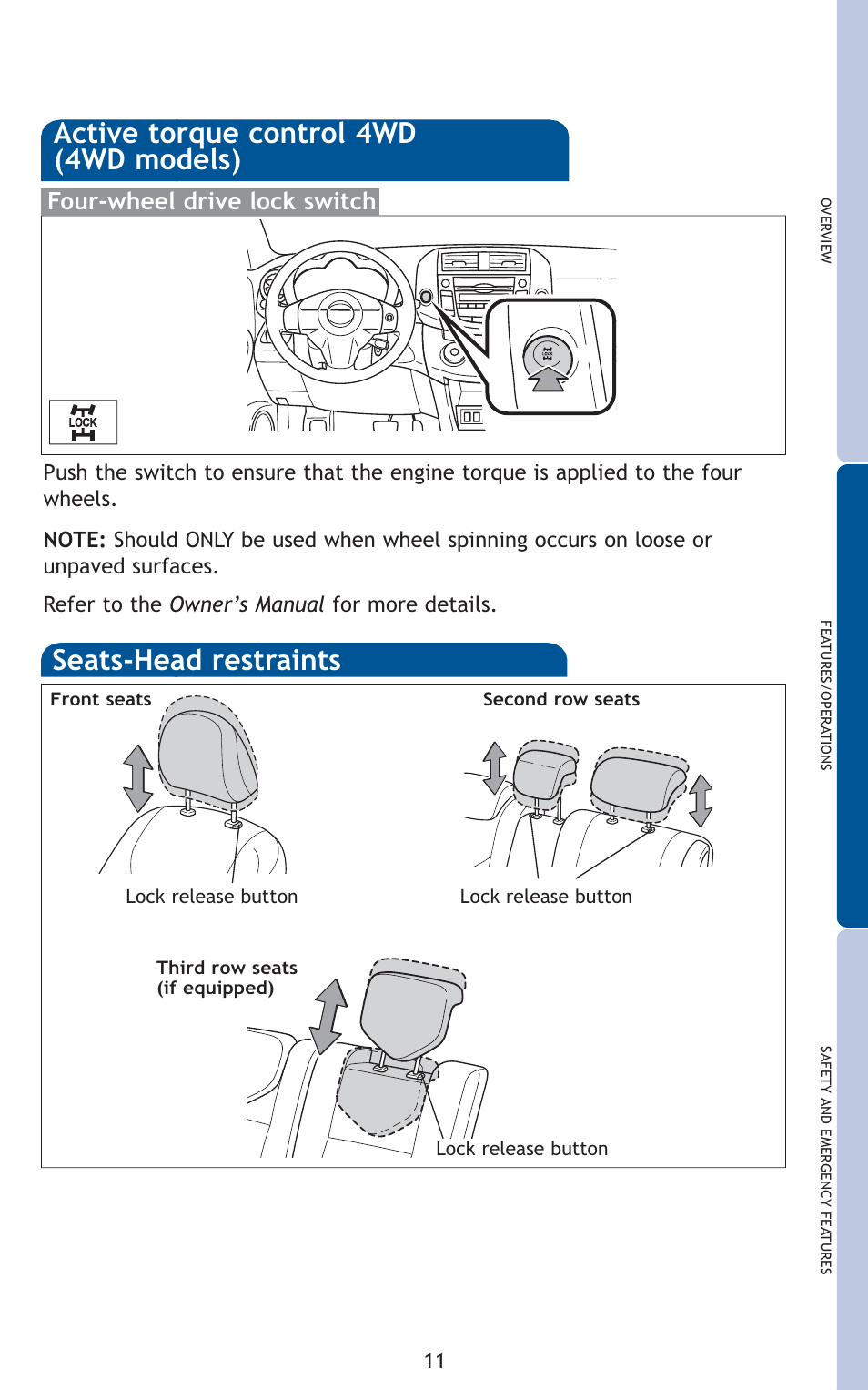 Auto lock functions, Four-wheel drive lock switch | TOYOTA 2011 Rav4 User Manual | Page 33 / 554