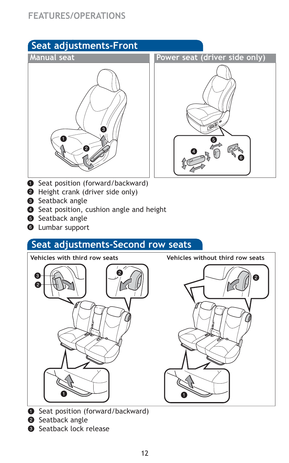 Seat adjustments-second row seats, Seat adjustments-front | TOYOTA 2011 Rav4 User Manual | Page 34 / 554