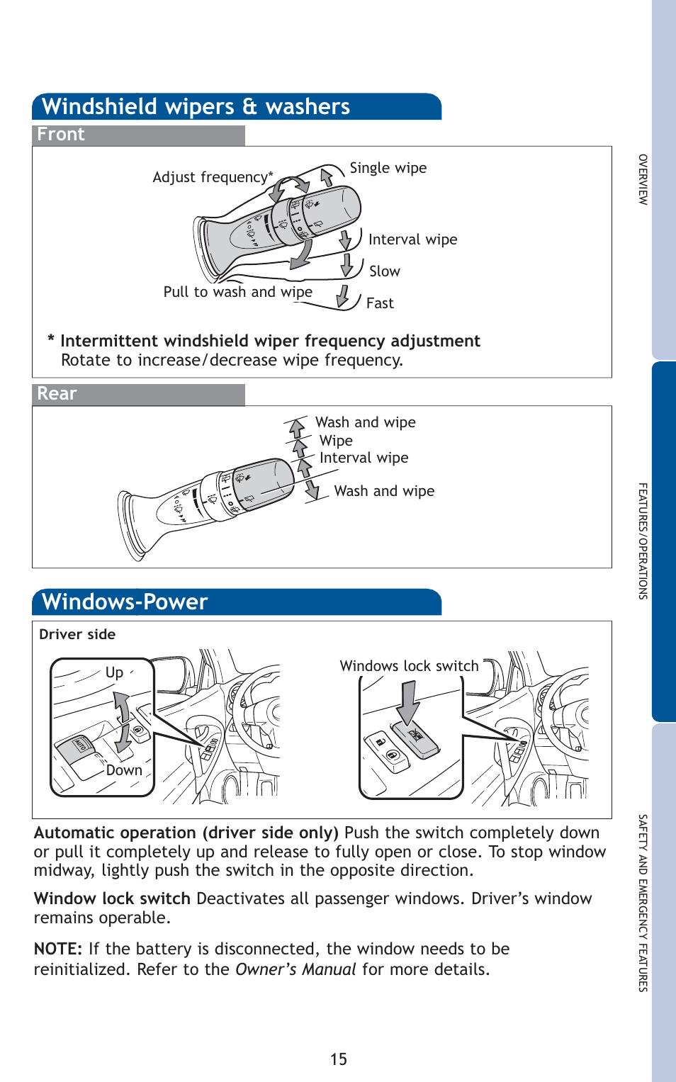 Windows-power, Windshield wipers & washers, Rear front | TOYOTA 2011 Rav4 User Manual | Page 37 / 554