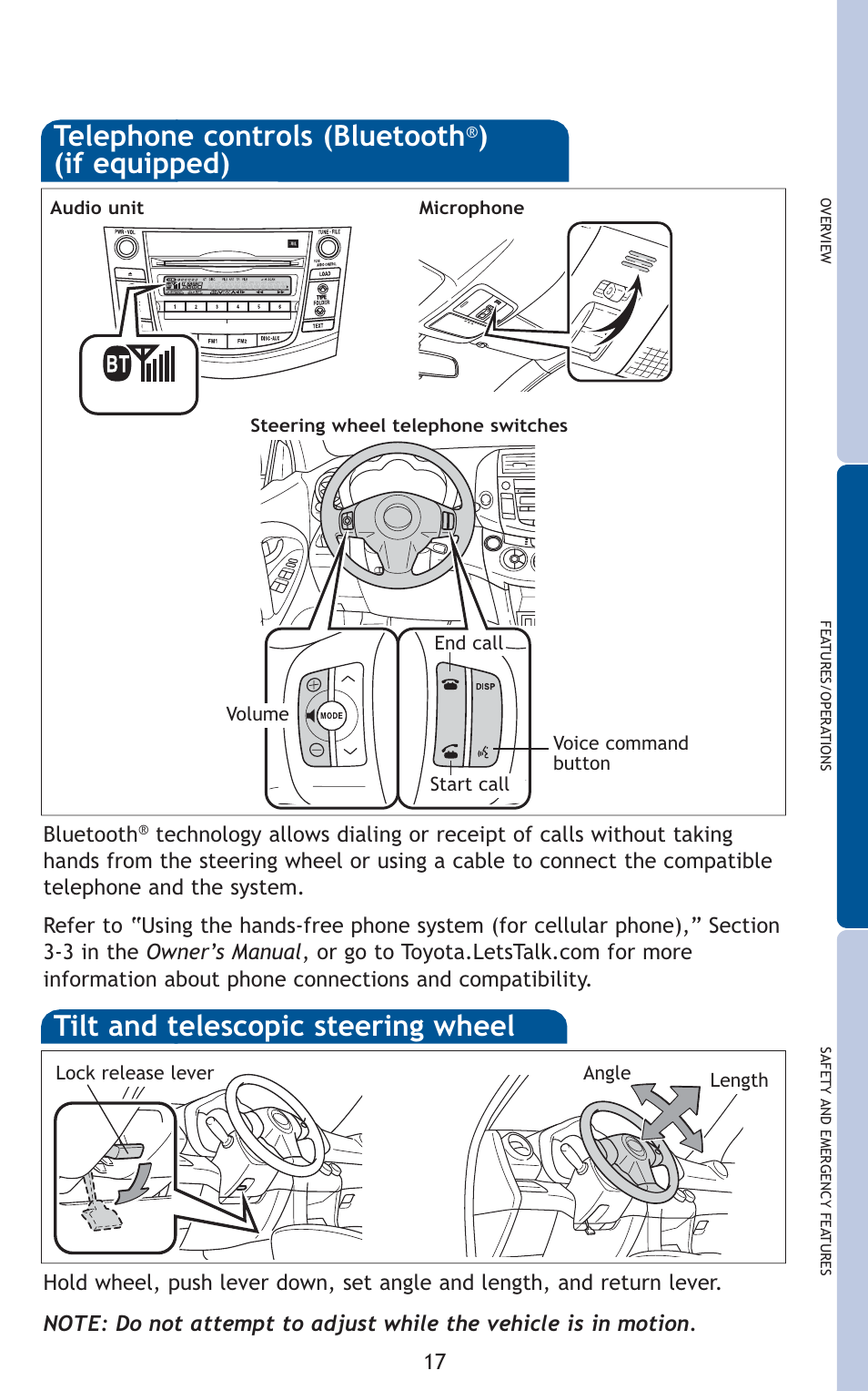 Telephone controls (bluetooth, If equipped), Tilt and telescopic steering wheel | TOYOTA 2011 Rav4 User Manual | Page 39 / 554