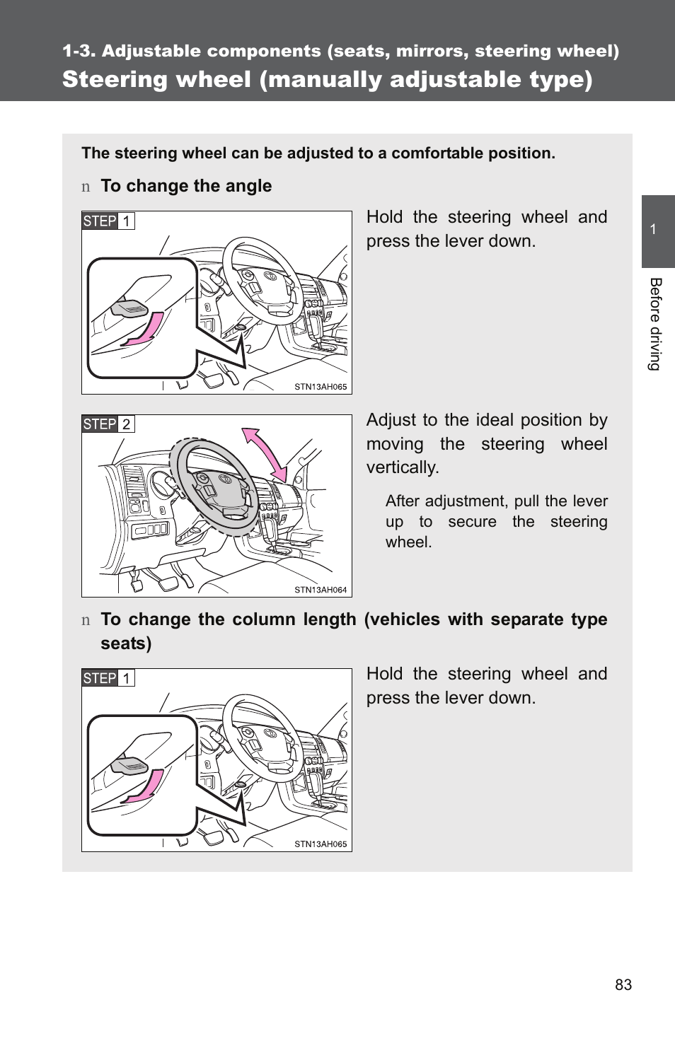 Steering wheel (manually adjustable type) | TOYOTA 2011 Tundra User Manual | Page 108 / 753