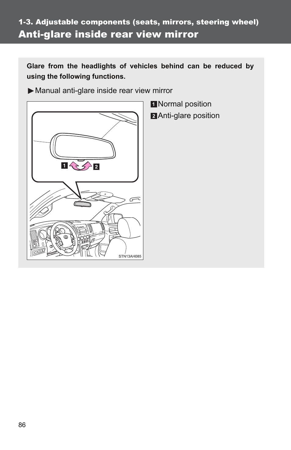 Anti-glare inside rear view mirror | TOYOTA 2011 Tundra User Manual | Page 111 / 753