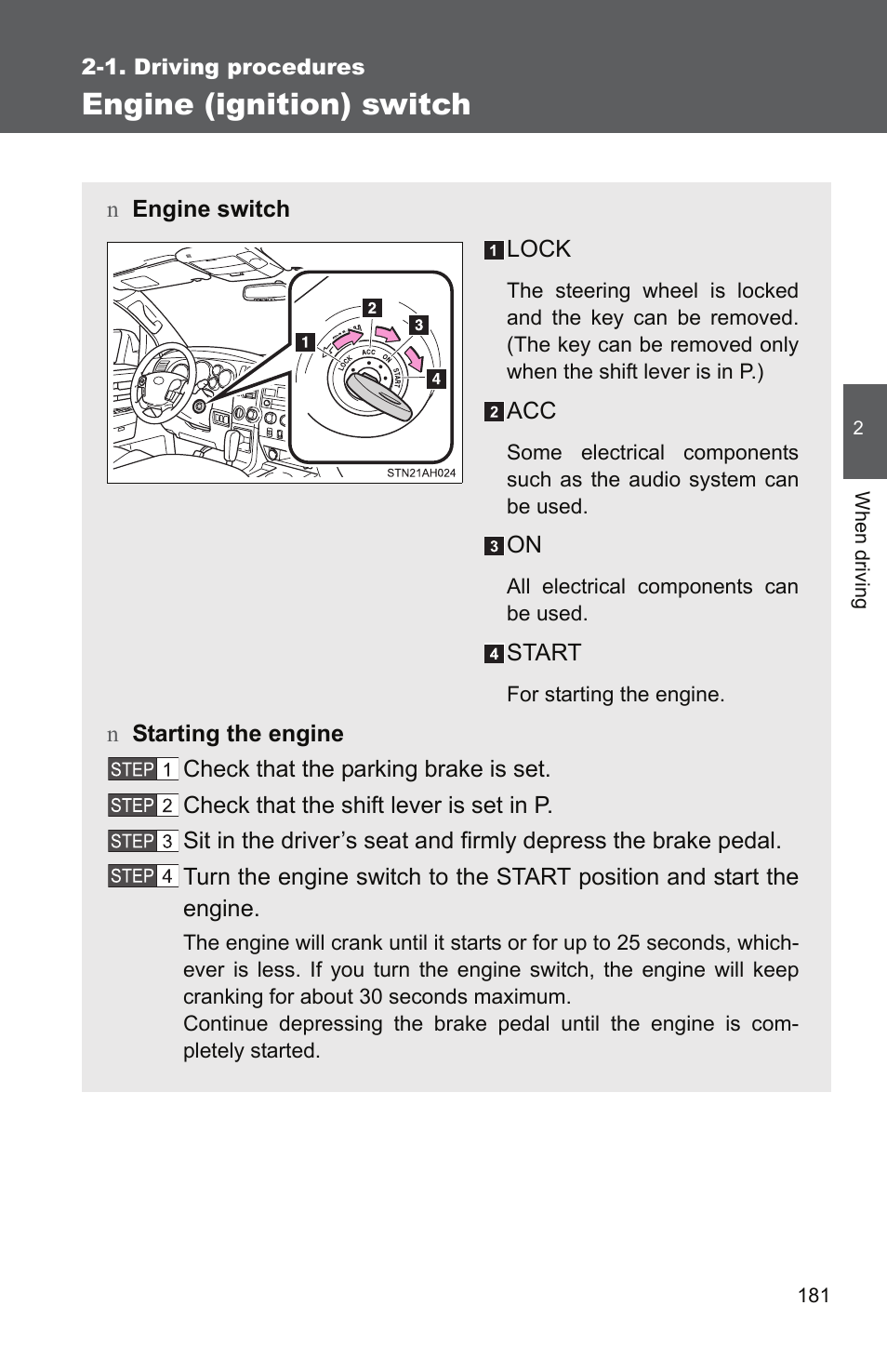 Engine (ignition) switch | TOYOTA 2011 Tundra User Manual | Page 205 / 753