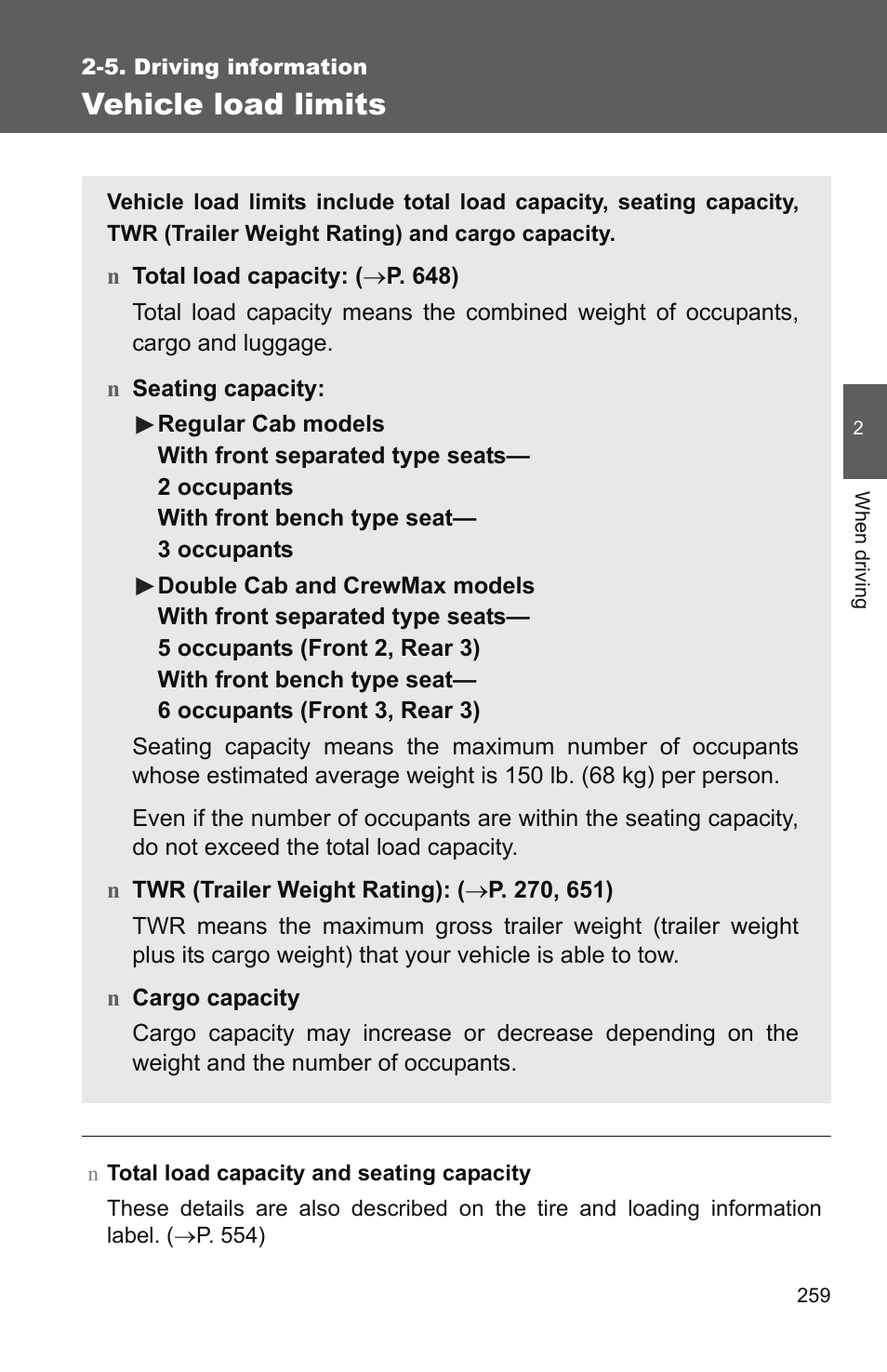 Vehicle load limits | TOYOTA 2011 Tundra User Manual | Page 283 / 753