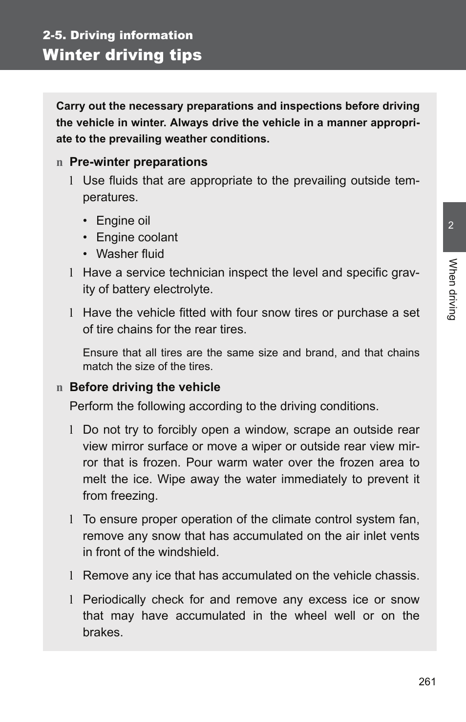 Winter driving tips | TOYOTA 2011 Tundra User Manual | Page 285 / 753