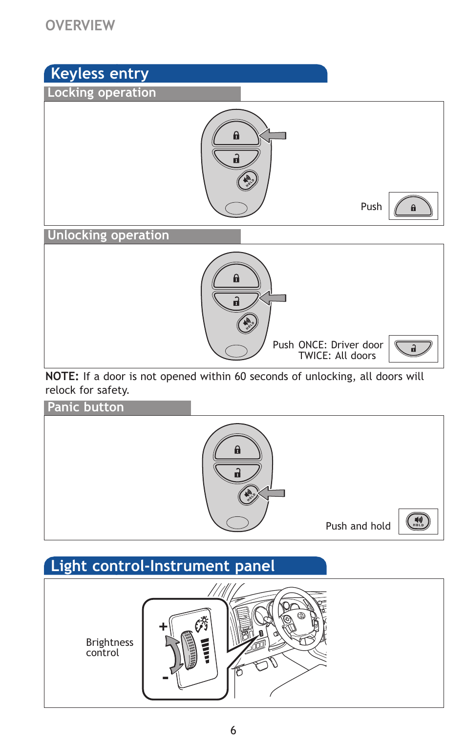 Keyless entry, Light control-instrument panel | TOYOTA 2011 Tundra User Manual | Page 44 / 753