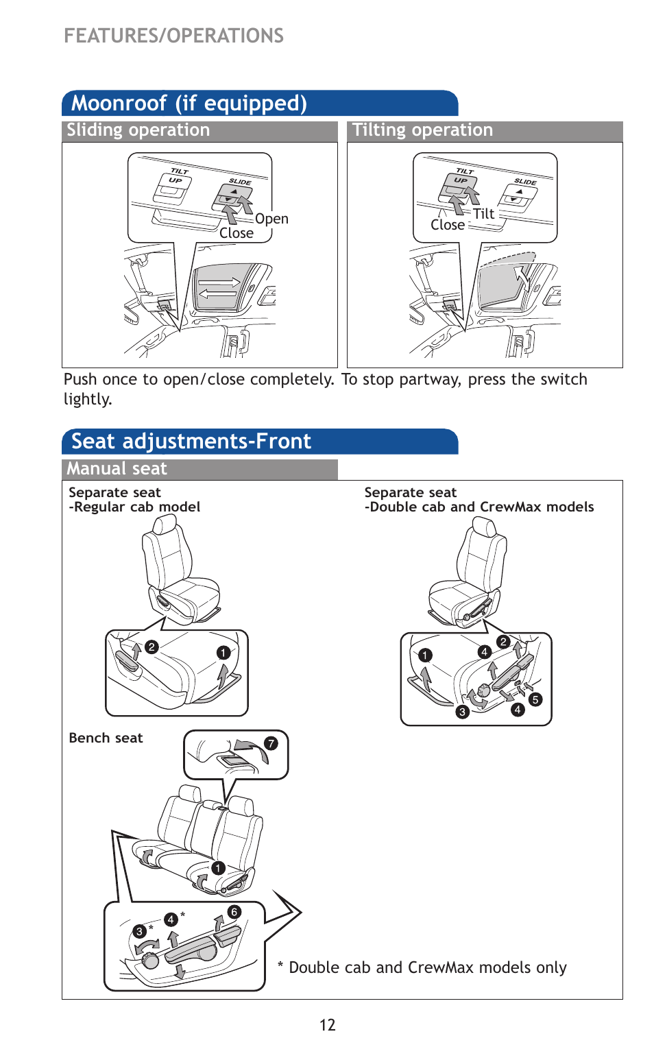 Seat adjustments-front, Moonroof (if equipped), Features/operations | TOYOTA 2011 Tundra User Manual | Page 50 / 753