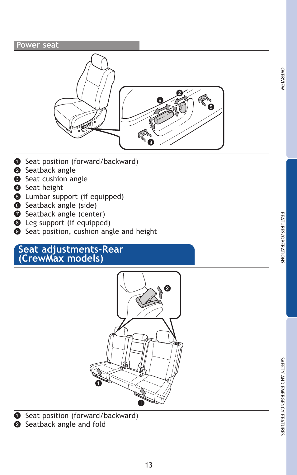 Seat adjustments-rear (crewmax models), Power seat | TOYOTA 2011 Tundra User Manual | Page 51 / 753