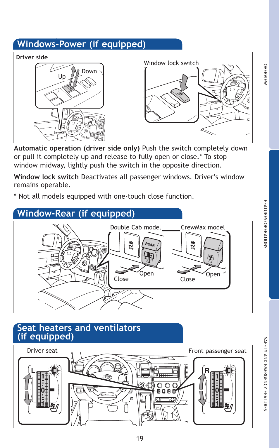 Windows-power (if equipped), Window-rear (if equipped), Seat heaters and ventilators (if equipped) | TOYOTA 2011 Tundra User Manual | Page 57 / 753