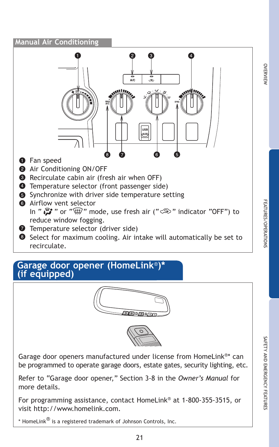 Garage door opener (homelink, If equipped), Manual air conditioning | TOYOTA 2011 Tundra User Manual | Page 59 / 753