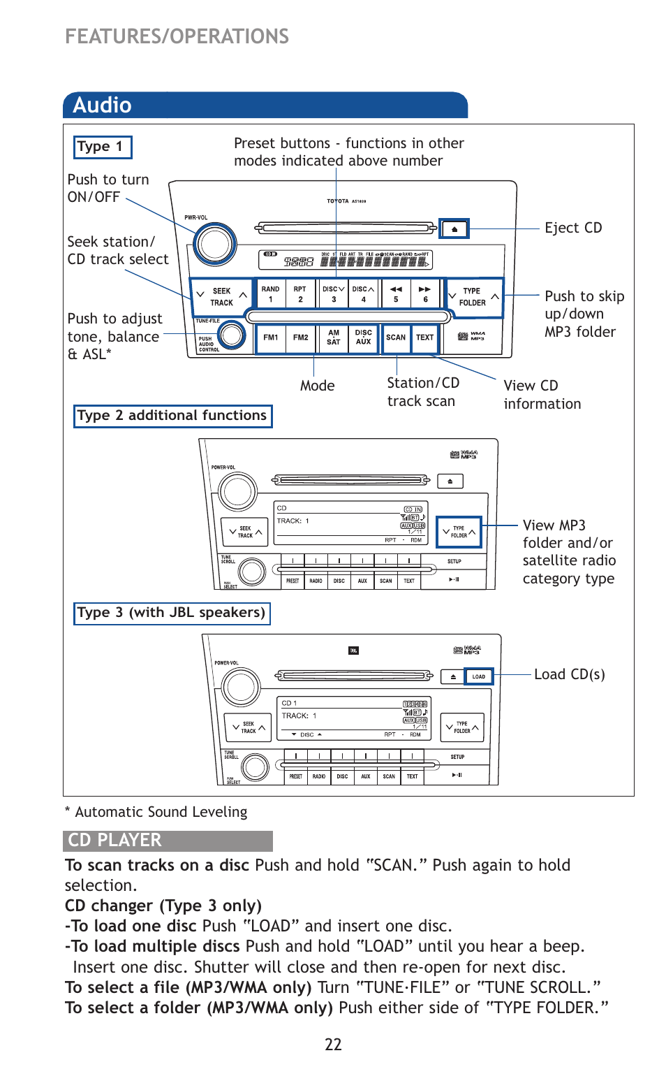 Audio, Features/operations, Cd player | TOYOTA 2011 Tundra User Manual | Page 60 / 753