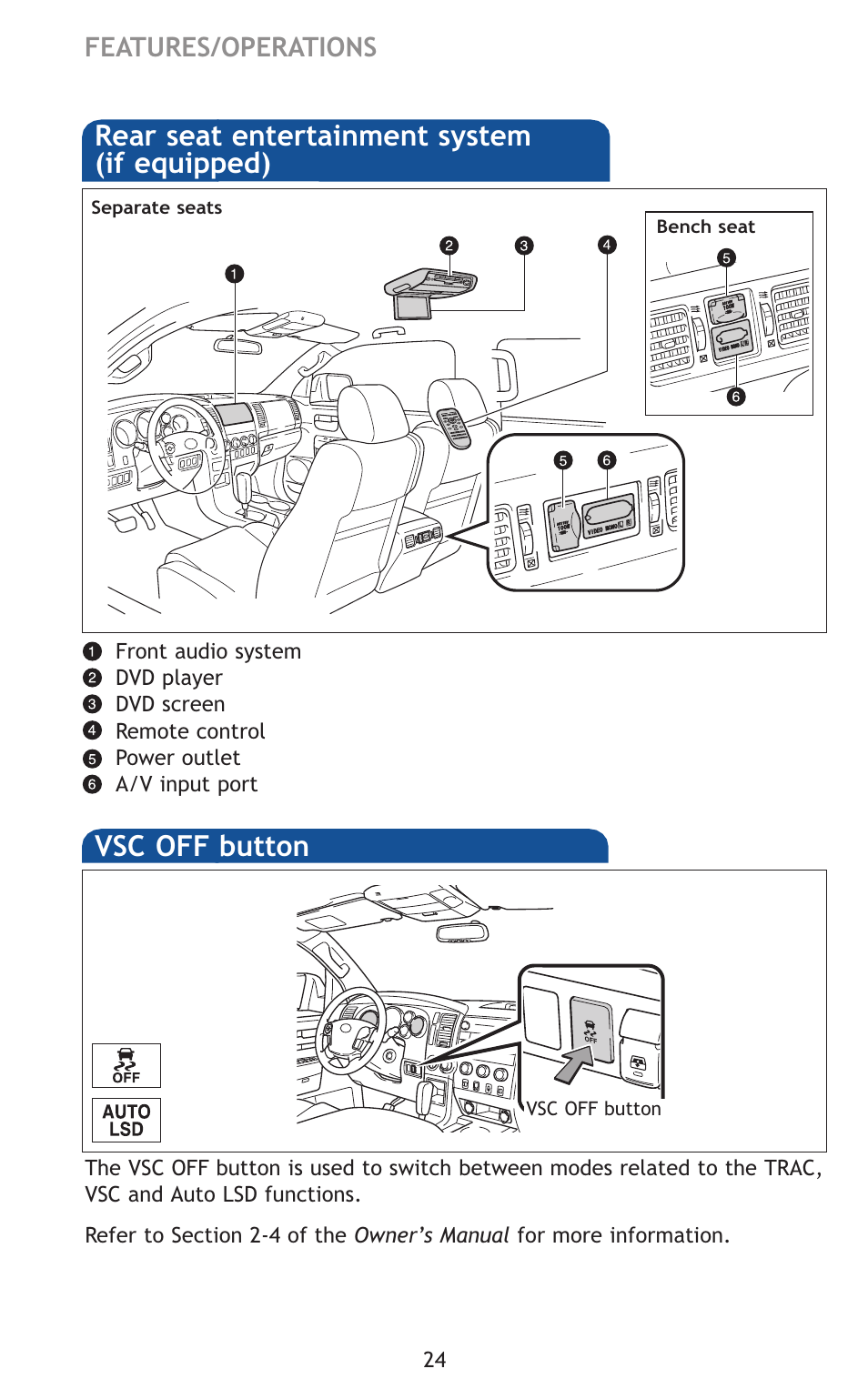 Rear seat entertainment system (if equipped), Vsc off button, Features/operations | TOYOTA 2011 Tundra User Manual | Page 62 / 753