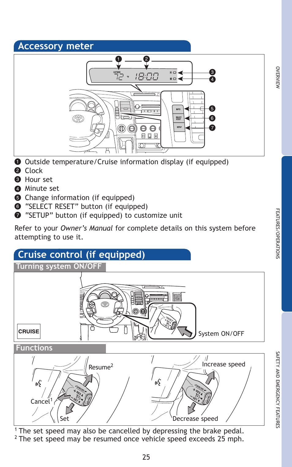 Cruise control (if equipped), Accessory meter, Functions | Turning system on/off | TOYOTA 2011 Tundra User Manual | Page 63 / 753