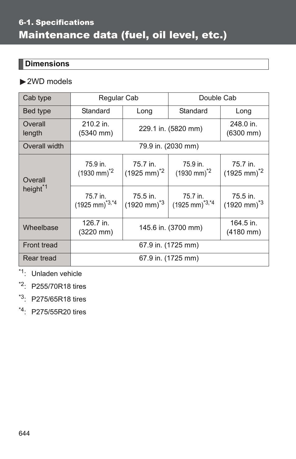 Sec_6-1, Maintenance data (fuel, oil level, etc.), Dimensions 2wd models | TOYOTA 2011 Tundra User Manual | Page 663 / 753