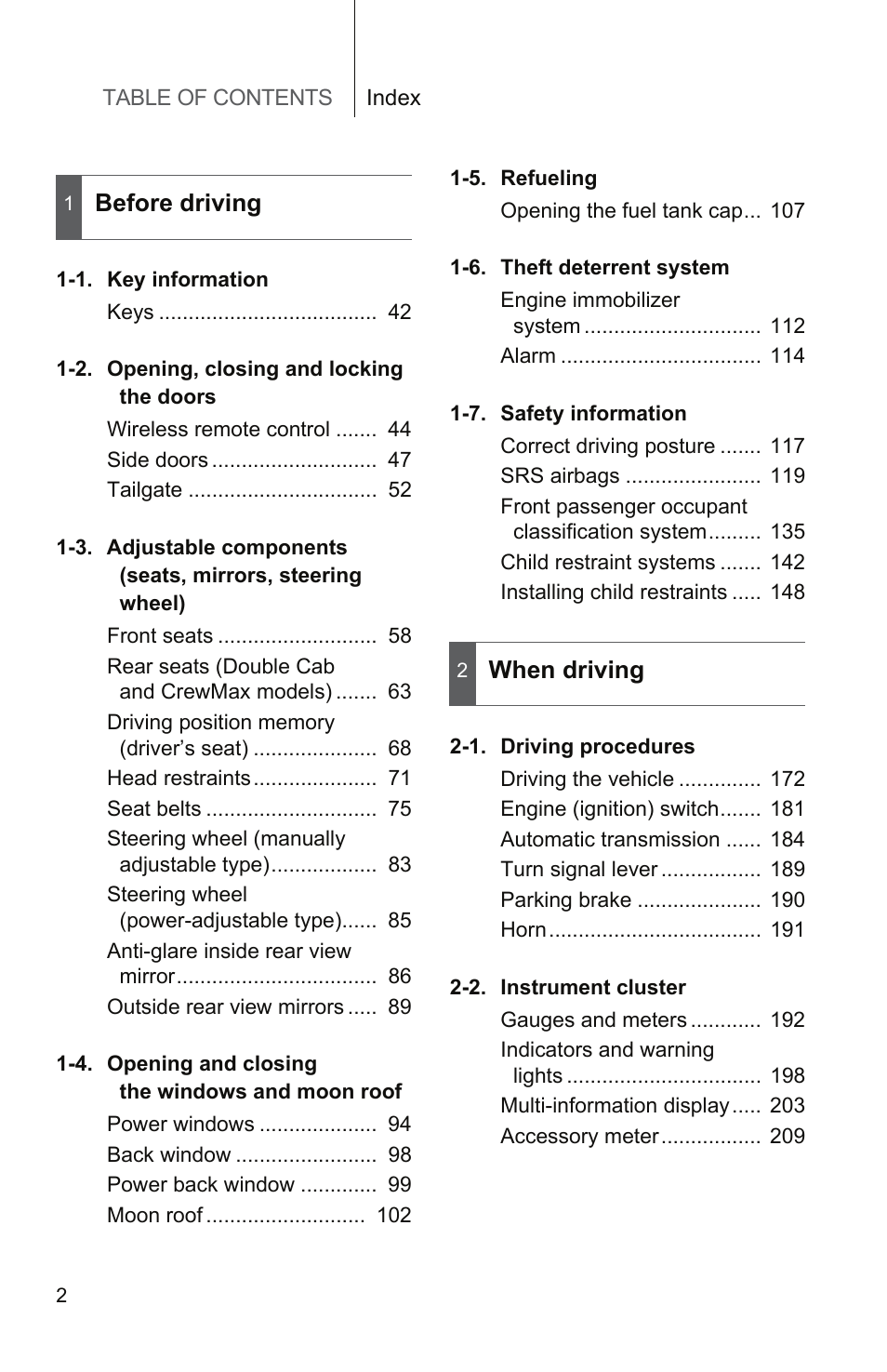 Table of contents index, Before driving, When driving | TOYOTA 2011 Tundra User Manual | Page 748 / 753