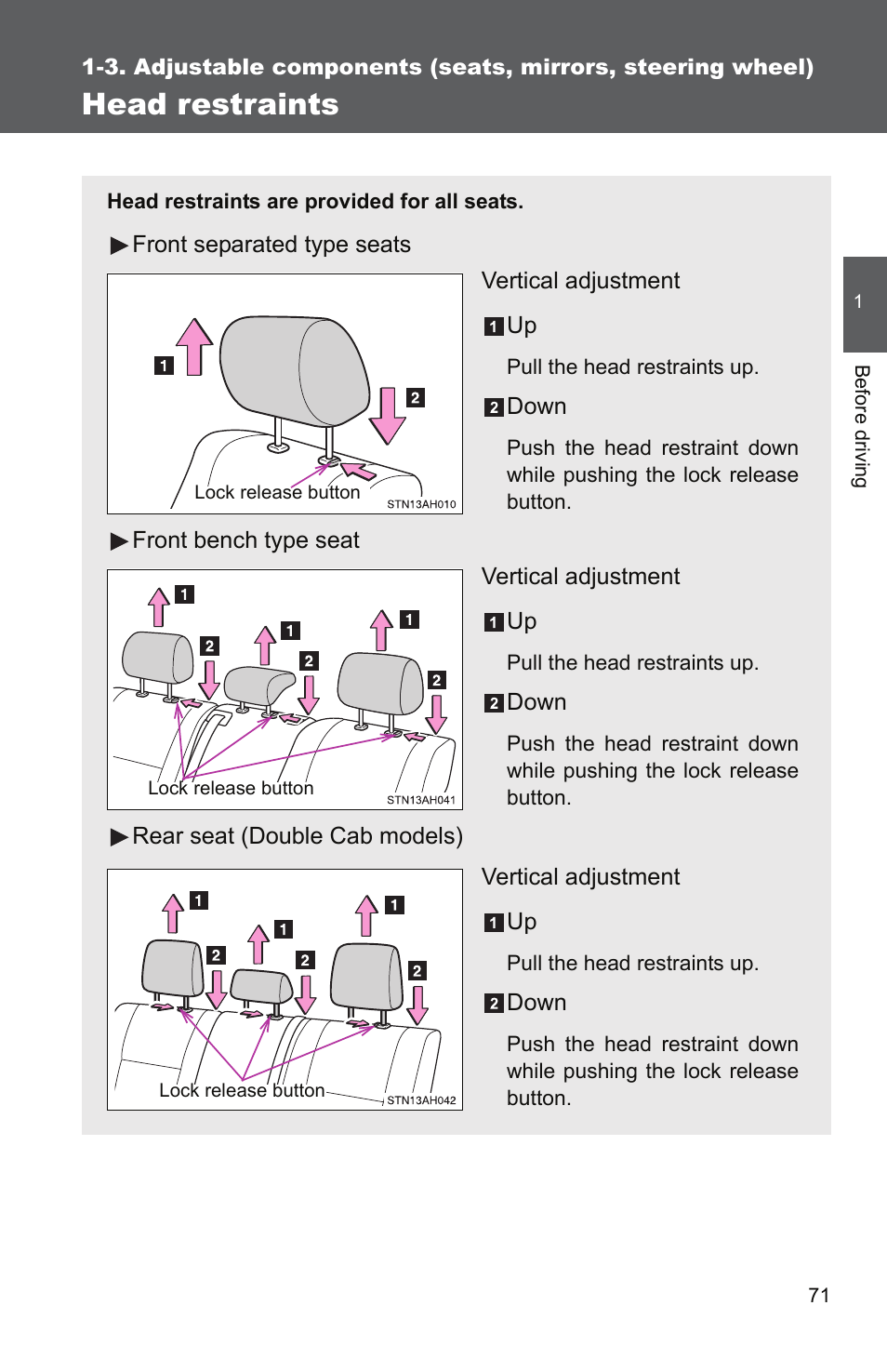 Head restraints | TOYOTA 2011 Tundra User Manual | Page 96 / 753