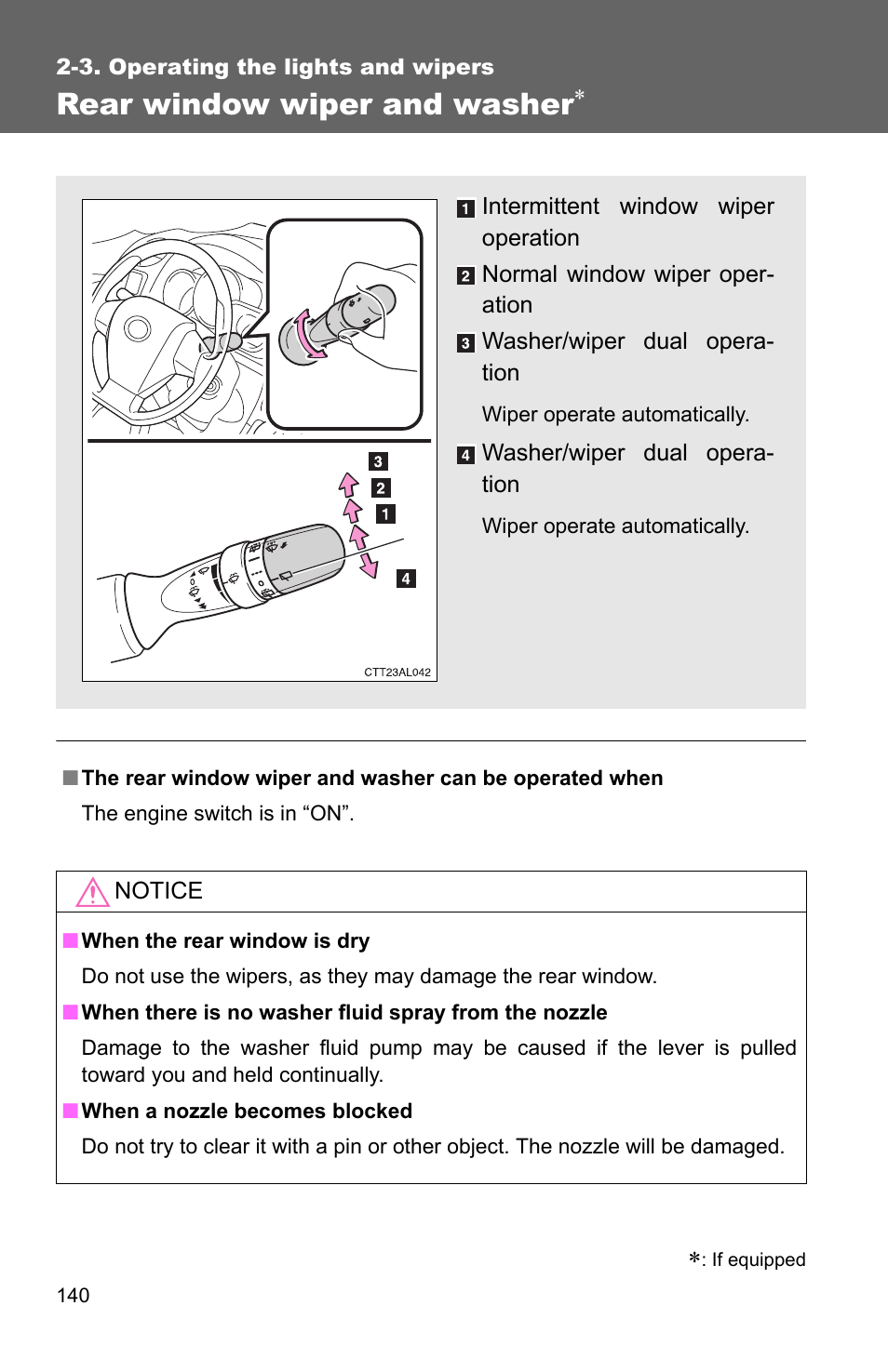 Rear window wiper and washer | TOYOTA 2011 Matrix User Manual | Page 163 / 516