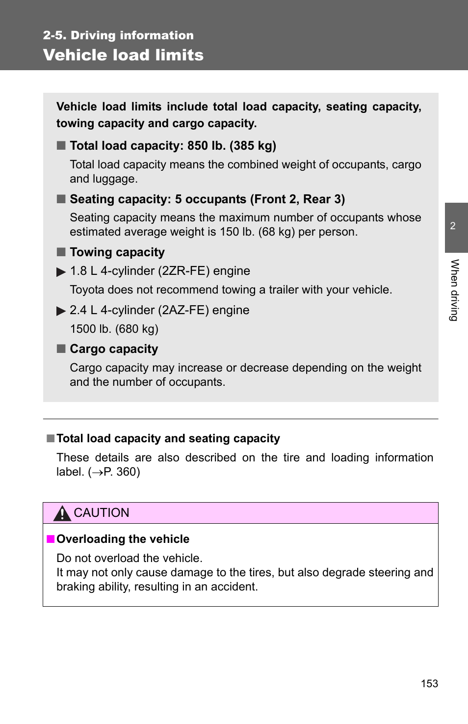 Vehicle load limits | TOYOTA 2011 Matrix User Manual | Page 176 / 516