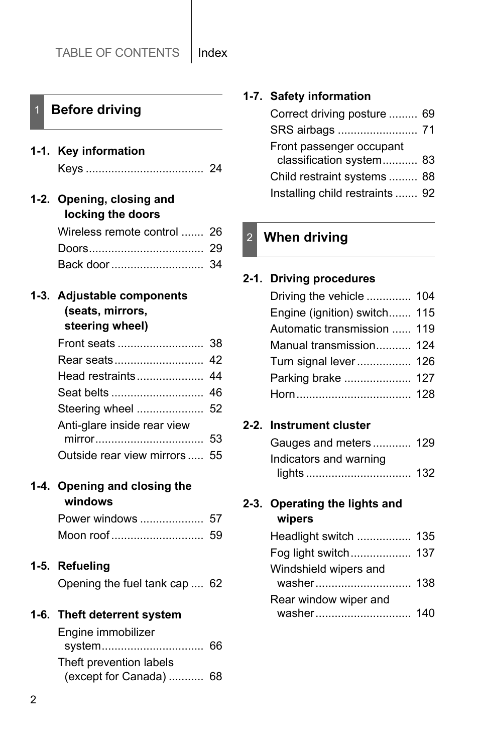 Table of contents index, Before driving, When driving | TOYOTA 2011 Matrix User Manual | Page 20 / 516