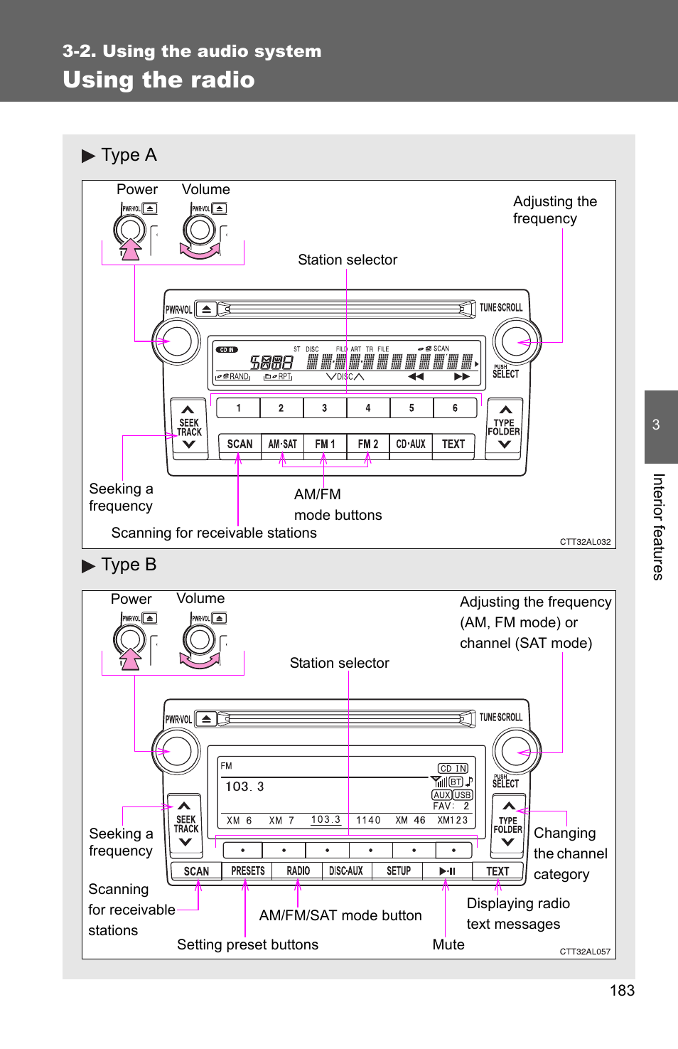 Using the radio, Type a type b | TOYOTA 2011 Matrix User Manual | Page 204 / 516