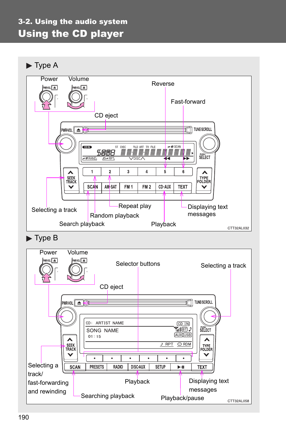 Using the cd player, Type a type b | TOYOTA 2011 Matrix User Manual | Page 211 / 516