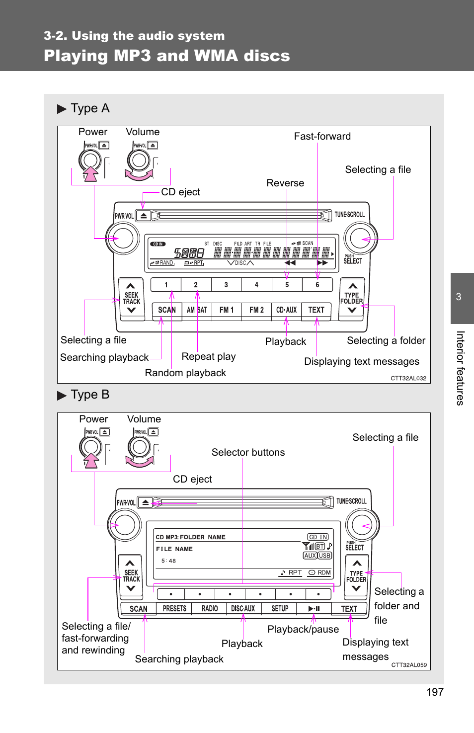 Playing mp3 and wma discs, Type a type b | TOYOTA 2011 Matrix User Manual | Page 218 / 516