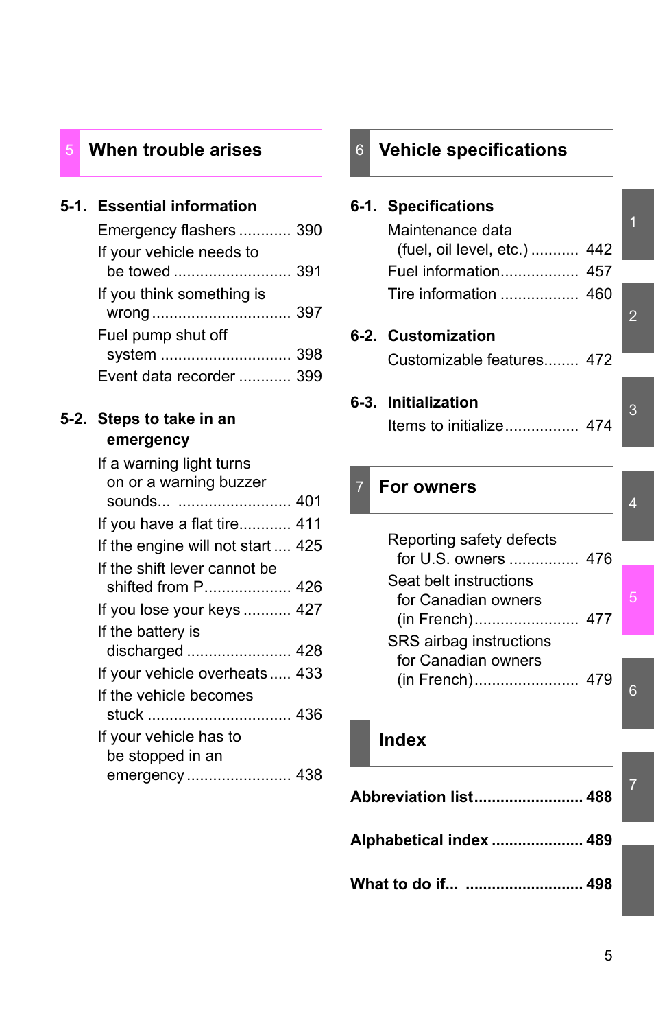 When trouble arises, Vehicle specifications, For owners index | TOYOTA 2011 Matrix User Manual | Page 23 / 516