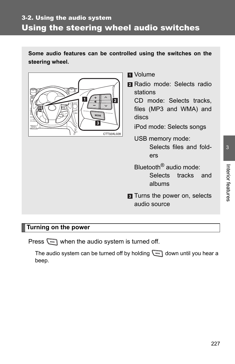 Using the steering wheel audio switches | TOYOTA 2011 Matrix User Manual | Page 248 / 516