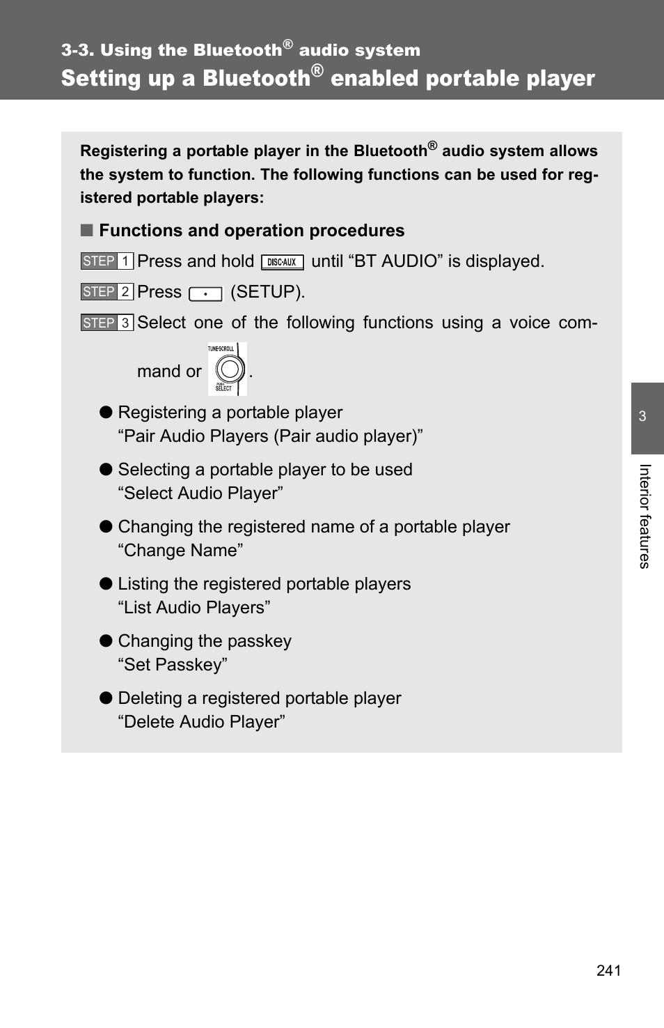 Setting up a bluetooth, Enabled portable player | TOYOTA 2011 Matrix User Manual | Page 262 / 516