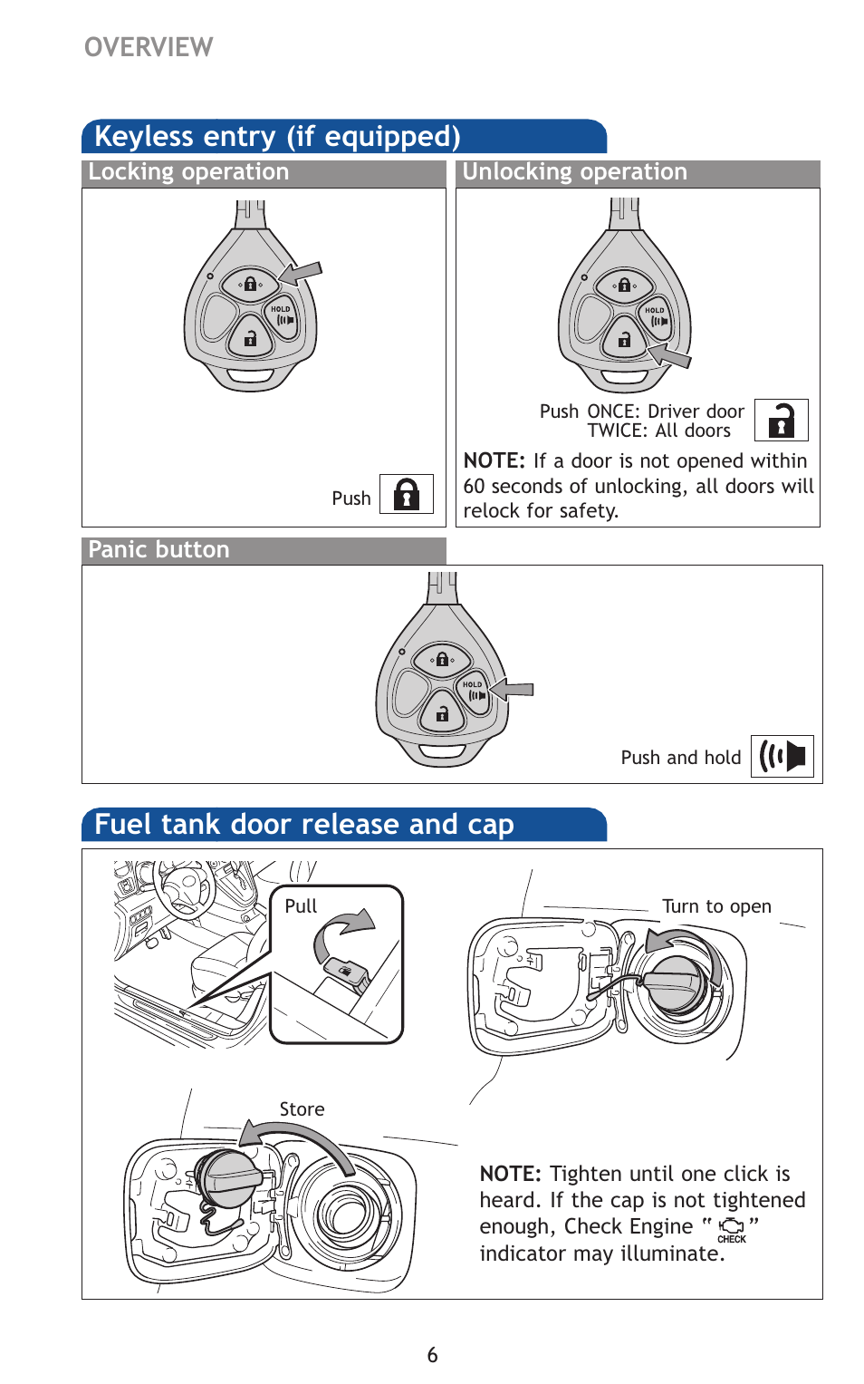 Keyless entry (if equipped), Fuel tank door release and cap, Overview | TOYOTA 2011 Matrix User Manual | Page 31 / 516