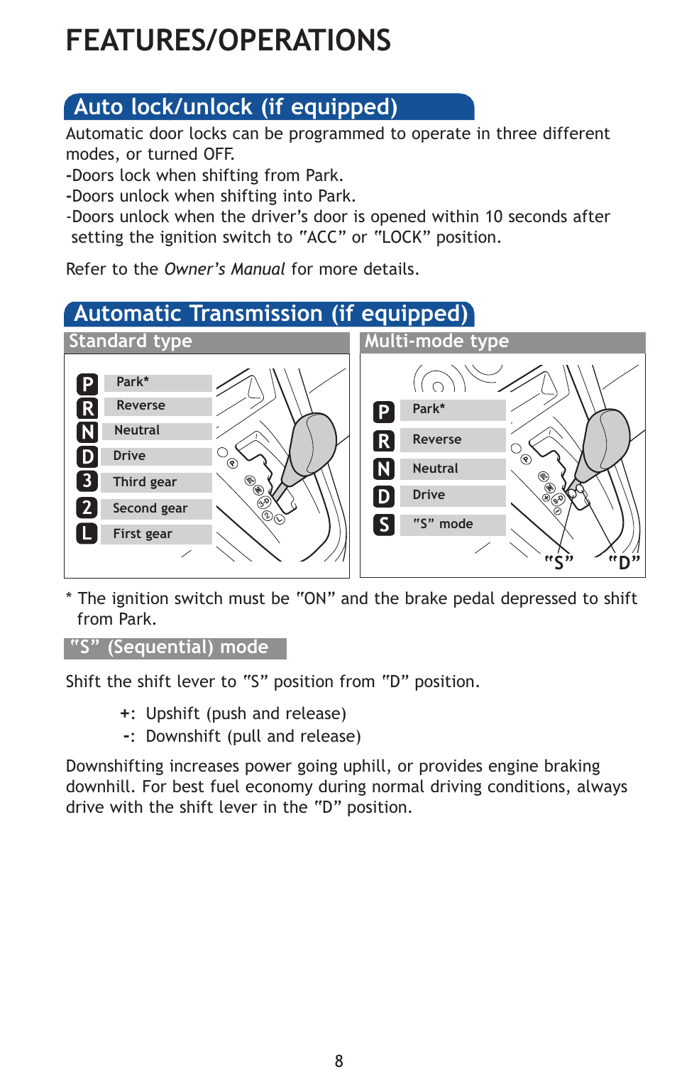 Features/operations, Automatic transmission (if equipped), Auto lock/unlock (if equipped) | S” (sequential) mode, Standard type multi-mode type, 32 l “s” “d | TOYOTA 2011 Matrix User Manual | Page 33 / 516